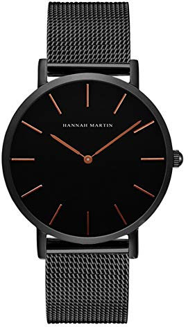 HANNAH MARTIN Herren Uhren Analog Quarz Edelstahl Wasserdicht Mesh Ultradünne (Schwarz Oberfläche ，Schwarz Armband)