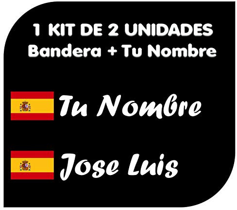 Vinyl-Aufkleber, spanische Flagge + dein Namen, Fahrradhelm, Padelschläger, Monkateboard, Auto, Motorrad usw. Zwei Vinyl-Sets (Schriftarten 1)
