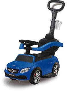 JAMARA 460447 - Rutscher Mercedes-AMG C 63 3in1 - Kippschutz, Kofferraum, Schub-und Haltestange mit Lenkfunktion, Rückenlehne, Schutzbügel, ausziehbare Fußauflage, Sound/Hupe am Lenkrad, blau