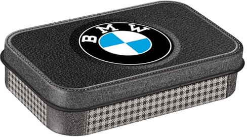 Nostalgic-Art Retro Pillendose XL, 6 x 9,5 x 2 cm, Original Lizenzprodukt (OLP), BMW – Classic Pepita – Geschenk-Idee für BMW Accessoires Fans, mit Pfefferminz-Dragees, Vintage Design