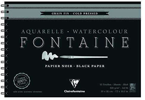 Clairefontaine - Ref 975313C - Fontaine Cold Pressed Black Watercolour Wirebound Pad (12 Sheets) - 19 x 26cm Size, 300gsm Paper - Suitable for Watercolour Artwork