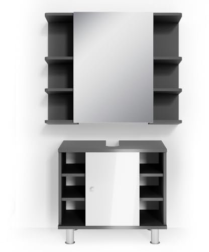 Vicco Badmöbel-Set Fynn, Badezimmerschrank-Set, Anthrazit/Weiß Hochglanz, 2 Teile
