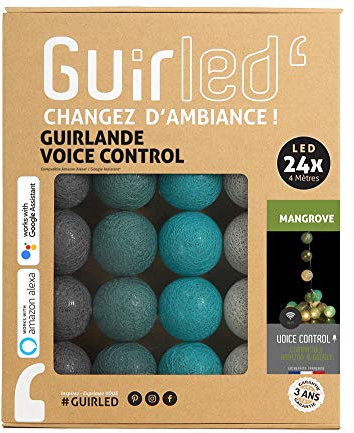 GuirLED - LED Baumwollkugeln Lichterkette WIFI USB - Sprachsteuerung - Connected Home - Amazon Alexa & Google Assistant - 2xUSB-Netzadapter enthalten - 24 Kugeln 2,4m - Mangrove