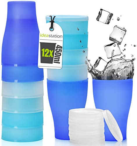 idea-station Neo vasos plastico 12 x 450 ml - hielo-edicion - con tapa - vaso plastico infantil - vajilla camping