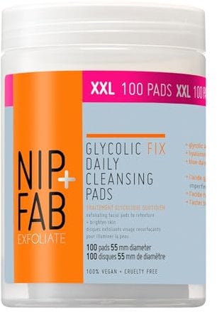 Nip+Fab Glycolic Acid Fix Daily Cleansing Pads for Face with Hyaluronic Acid | Witch Hazel | Exfoliating Resurfacing AHA Facial Cleanser Pad | 100 Pads XXL | Vegan & Cruelty-Free