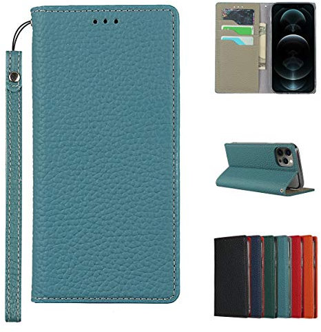 Copmob Case Compatible for iPhone 12/12 Pro With Card Holder With Strap,Genuine Leather Flip Wallet Case,[3 Slots][Magnetic Closure][RFID-Blocking],Phone Case Cover for iPhone 12/12 Pro - Sky Blue