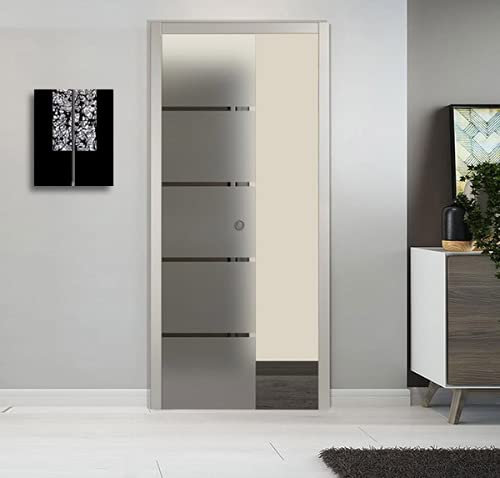 PORTA SCORREVOLE SCOMPARSA IN VETRO SATINATO CON RIGHE 80X210 (SINISTRA)