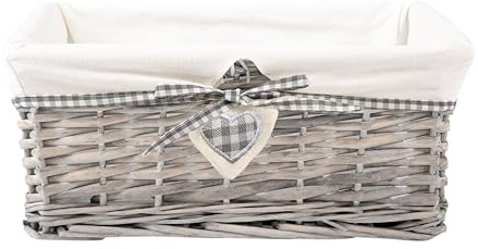 Natural Wicker Storage Basket with Lining Hamper Baskets for Gifts Empty Baskets for Shelves (Grey Washed, Medium)