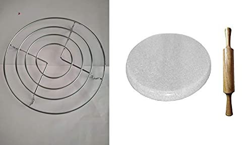 Radhna Indian Traditional White Heavy Base Marble Chakla With Wooden Belan Rolling Pin Marble Rolling Board With 1 Pot Stand Trivet Stand Kitchen Tools