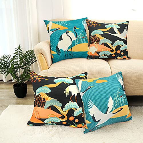 LIGICKY 4er-Set Kissenbezug Japanischen Stil Baumwolle Leinen Dekorative Kissenhülle Weißer Kranich Bedruckter Weich Kissenbezüge für Sofa Couch Schlafzimmer Wohnzimmer Büro 45 x 45 cm