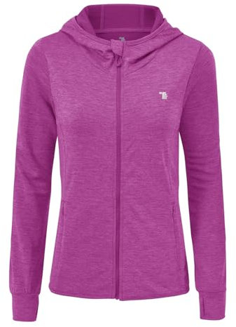 donhobo Damen Laufjacke Sportjacke Langarm Kapuzenjacke Trainingsjacke Sweatjacke Atmungsaktive mit Daumenloch und Tasche für Laufen Yoga Fitness (Violett, XXL)