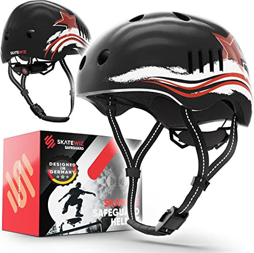 SKATEWIZ Casque Velo Enfant - Protection Roller Fille - Casque Vélo - Casques Patins à Glace - Safeguard S - 49-53cm Étoile Noire-Rouge