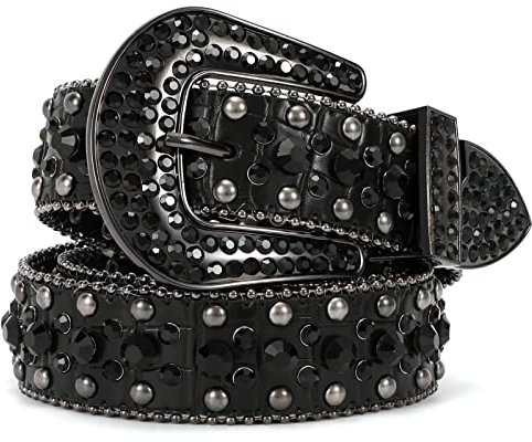 LEACOOLKEY Damenmode Strass Gürtel, Western Cowgirl Nieten Punk PU Ledergürtel für Jeans (L:Passgröße 99cm-109cm = 125cm Gesamtlänge, E-Schwarz)