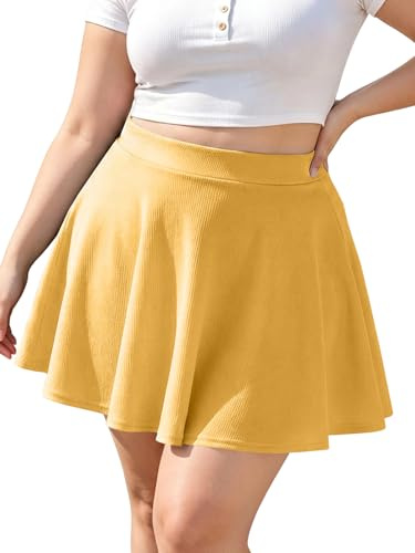 Moon Wood Damen Basic Lässig Mini Skater Rock Kurz Hohe Taille Große Größen | Informell Ausgestellter Minirock Faltenrock Stretch Röcke Mit Breitem Bund Plus Size