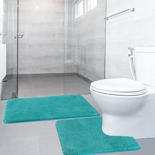 SOANNY Badematten Set 2-teilig, rutschfest & Waschbar, Luxus Dicke Mikrofaser Badezimmerteppich, 50x80 cm Badvorleger & 50x50 cm Toilettenmatte, Türkis
