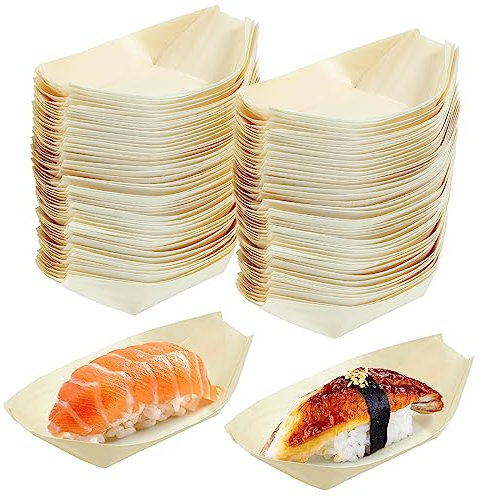 DOITOOL 100 Pcs Wooden Sushi Serving Tray Boat Disposable Japanese Sashimi Serving Plate Tray Platter Fast Food Boat Tray Snack Serving Dish for Home Restaurant - 14x8cm