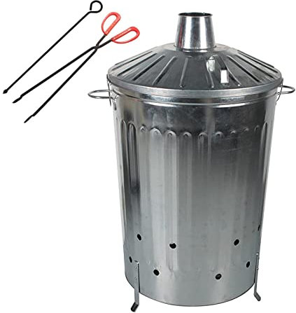 simpa 125L 125 Litre Galvanised Incinerator with Locking Lid Feature and Safety Fire Pit Tongs - 35cm/14