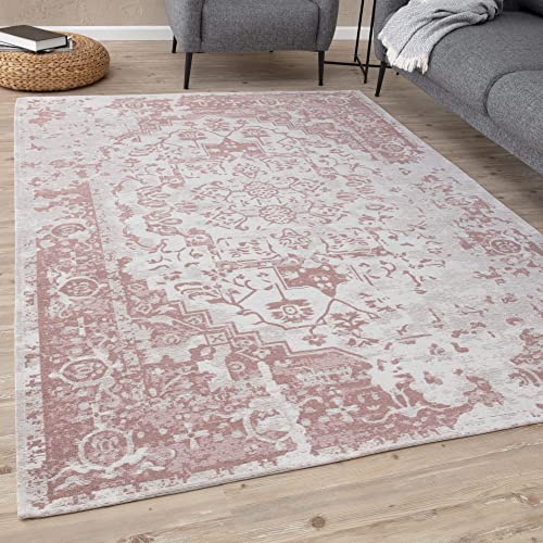 THE RUGS Machine Washable Rug – Medallion Design Rugs for Living Room, Bedroom, Hallway, Flat-weave Area Rugs, (Pink, 80x300 cm)