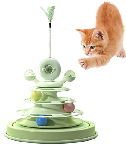 Katzen-Plattenspieler-Spielzeug, 360° drehbares Katzenspielzeug, 4-stufige Katzenroller-Kugelbahn mit Katzenminze und drehender Windmühle, Katzenfeder-Stick-Spielzeug für Kätzchen