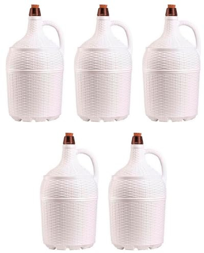 ACAN Tradineur – Pack de 5 Garrafones de cristal con forro de plástico - Capacidad de 5 Litros - Botella para el almacenaje y conservación de bebidas- Ø 18 x 37 cm - Color Blanco