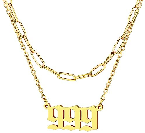 FindChic 999 Kette Damen Layering Kette gold Mädchen Engelszahl Anhänger Nummerkette Edelstahl Doppelkette Freundschaftskette für Geburtstag Weihnachten
