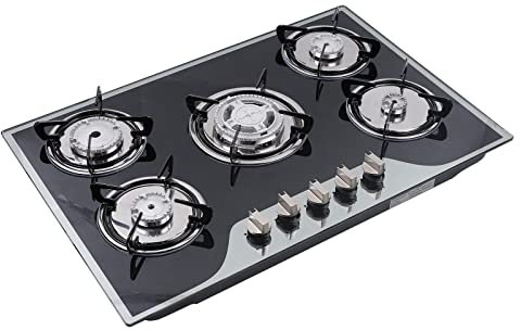 Gaskochfeld Einbau Kochfeld Edelstahl Gaskocher 5 Flammig Glaskeramik Gasherd LPG/NG für Erdgas