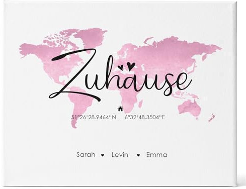 GRAVURZEILE Personalisierte Leinwand Zuhause Personalisiert mit Namen & Koordinaten - Moderner Kunstdruck auf Leinen - Wand Dekoration im minimalen Look - Geschenk für Familien Sie & Ihn - Rosa
