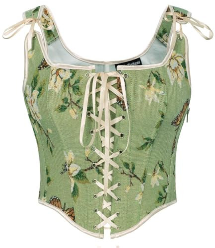 SCARLET DARKNESS Women's Green Retro Renaissance Bustier Corset Top Lace-up Cottagecore Overbust Floral Vest Corsets for Women UK 16
