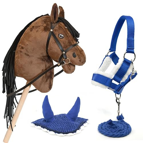 Hobby Horse Land Hobby Horse Braun mit Zaum + Halfter + Führleine + Mütze blau für Kinder ab 7 Jahren