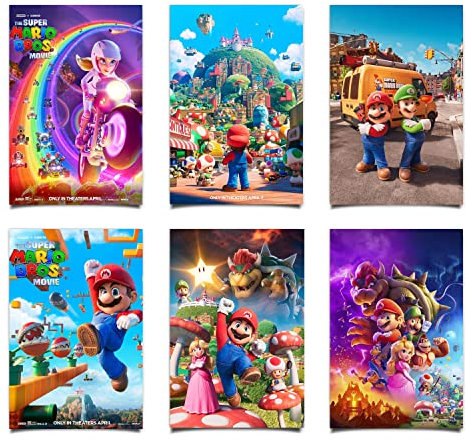 BLAIS 6 Stück Mario Poster Set 2023 Filmposter Anime Poster Wanddeko Wandbilder Dekorative Gemälde Poster Leinwand Wandkunst für Wohnzimmer Schlafzimmer Ungerahmt 08x12Inch (20x30cm) (Typ 2)