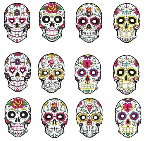 YaYuanSun Lot de 12 masques de jour des morts, masques en papier Dia de Los Muertos, masques squelette en sucre, accessoires de costume d'Halloween Dia de Los Muertos Day of the Dead Halloween Party