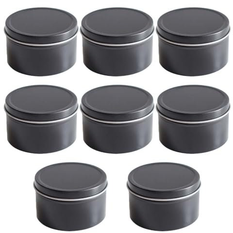 Lot de 8 boîtes à bougies en métal - 120 ml - Rondes - Avec couvercle à visser - Mini boîtes en métal - Noir - Pour fabrication de bougies, artisanat, bricolage