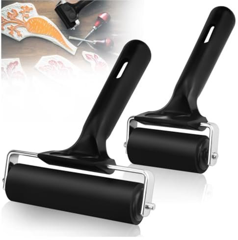 KOMUNJ 2 Stk Gummiwalzen Gummiroller Farbwalze Linoldruck 6cm/10cm Malerwalze Gummi Andrückroller Brayer Roller Schwarz Linolfarbwalze Walzen mit Griff für Tintenfarbblock