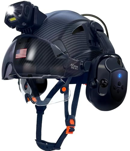 SAFEBUILDER Hard Helmets with Bluetooth Earmuffs, Safety Helmet with Vented Visor, Adjustable, Forestry Construction, ANSI (MTBK+CSV+BTE+SL05-E)