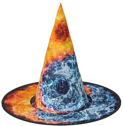 WSHFFILO Yin-Yang-Feuer-Wasser-bedruckter Halloween-Hut, faltbar, spitzer Hut, Party-Dekoration, Hut