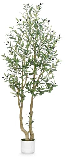 HZXGCP 5FT Artificial Olive Tree Indoor, Fake Olive Tree with White Pot, Faux Olive Tree with Dense Leaves & Realistic Fruits, Tall Artificial Plant for Home Living Room Office Entryway Decor