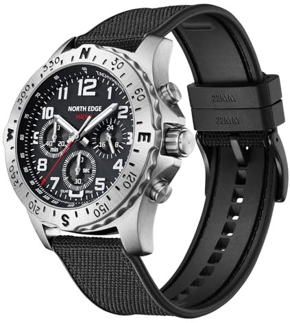 Lixada Solarbetriebene North Edge-Uhr für Herren, Outdoor-Uhr aus Edelstahl, elektronischer Chronograph, solarbetriebene Uhr, 180 Tage Gangreserve, Piloten-inspirierte Uhr