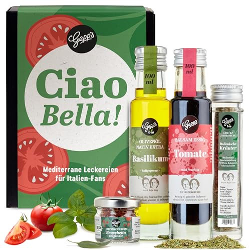 Gepp’s Feinkost Geschenkset Italien | Geschenbox mit italienischen Delikatessen wie Bio-Olivenöl Basilikum, Bruschetta-Dip, italienisches Gewürz | Feines Gourmet-Geschenk für Männer & Frauen
