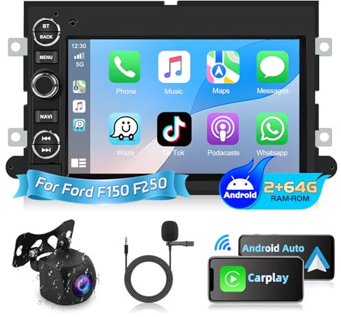 Autorradio Podofo 2+64G para Ford Focus, Mustang, Montego, Milan, F250 y F350 con Carplay Android Auto. Android 15 con GPS, Bluetooth, WiFi, FM, RDS, Cámara de Visión Trasera AHD y Micrófono