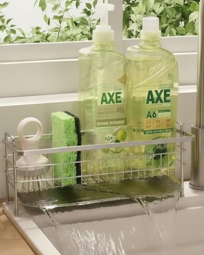 BANJEKT Spülbecken Organizer, Spüle Organizer für Küche, Küchen Organizer Spüle aus Edelstahl, Sink Organizer mit Abflusswanne, Handtuchhalter & Spültuchhalter ideal für Arbeitsplatte, Silber