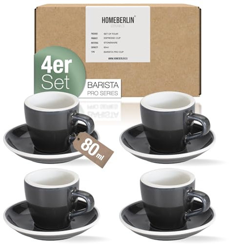 HOMEBERLIN® Barista Pro Espressotassen Set - 4x 80ml Espresso Tassen Set - Premium Espressotassen dickwandig aus hochwertigem Steingut inkl. Untertassen - 100% Handfertigung - Espresso Cups