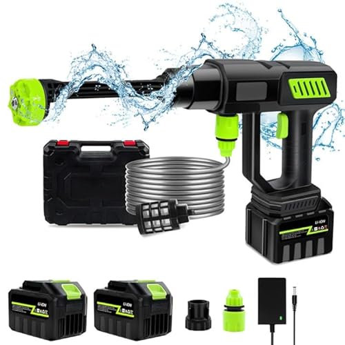 Nettoyeur Haute Pression,980PSI Nettoyeur Haute Pression sur Batterie 15000mAh Pistolet Haute Pression sans Fil 300L/H avec Buse 6 en 1 et Tuyau de 5M,pour Jardin et Voiture (2 Batterie)