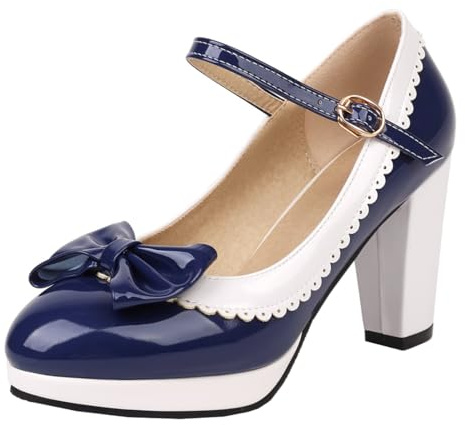 MISSUIT Damen Mary Jane Pumps Lack Blockabsatz Schleife Plateau High Heels(Navy,38)