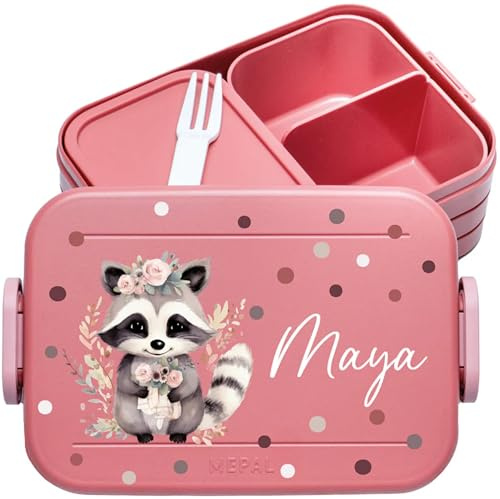 4youDesign | Personalisierte Kinder Brotdose Midi Rosa mit Namen - Lunchbox Waschbär Motiv für Kindergarten & Schule - Brotzeitdose Mädchen Junge