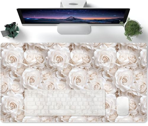 Mauspad Weiße Rosen Gaming Mauspad erweitertes großes Computer Tastatur Mausmatte Schreibtischunterlage weiche Glatte Oberfläche und rutschfeste Gummibasis wasserdichtes - 600x300mm