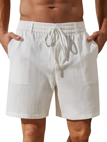 HAWILAND Pantalones cortos de algodón para hombre, pantalones cortos de verano ligeros, pantalones de tela para hombre, fiesta hawaiana, con bolsillos con cremallera, Blanco, XL