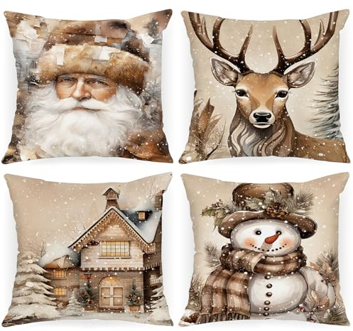 Lanpn Retro Weihnachten Kissenbezug 4 stück, Plüsch Weihnachtskissenbezug 45x45 cm Elch Schneemann Weihnachtsmann Weihnachtsdekorationen Kissenbezüge für Wohnzimmer Sofa Weihnachten Heimdekoration
