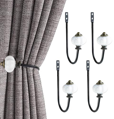 4 Stück Raffhalter für Vorhänge Wand, Gardinenhaken Metall, Bohren Vorhang Haken, U-Form Gardienenrollhacken, Vintage Vorhang Raffhalter für Wohnzimmer Schlafzimmer Esszimmer Bäder Küchen(Schwarz)