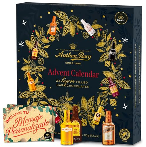 Anthon Berg Adventskalender 2025 · Edle Buch-Edition 375 g mit 24 Mini-Fläschchen aus Zartbitterschokolade mit Likörfüllung · Inklusive Personalisierter Grußkarte Cia&Co · Limitierte Edition Dänemark