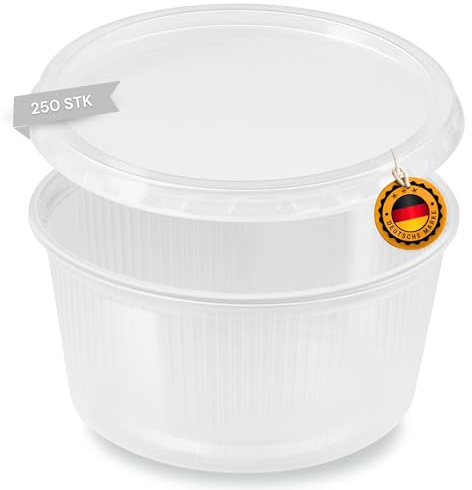 Runde Feinkostbecher 250 ml Ø101mm x 51mm - 250 Stück - Kunststoff Verpackungsbecher, Snackbecher, Salatschale aus Polypropylen (PP) - lebensmittelecht, stapelbar, To-Go-Becher - Made in Germany